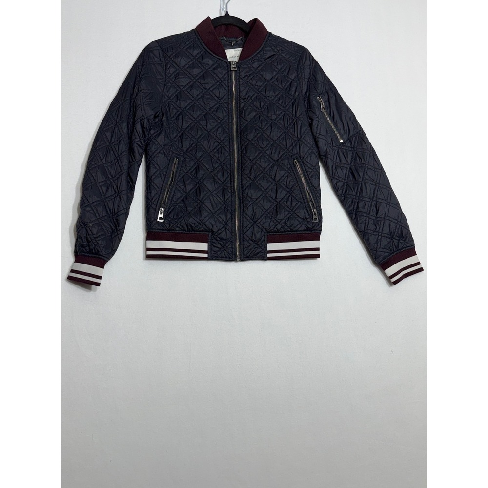 Lucky Brand Quilted Bomber Jacket Navy Blue Burgundy Striped Trim Small